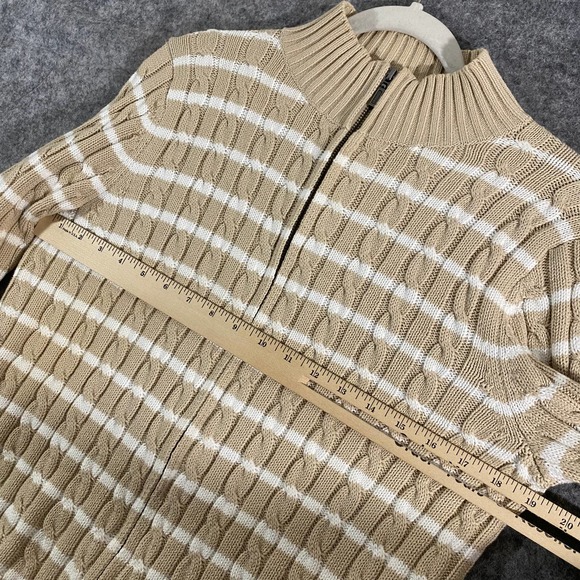 LL Bean Womens Jacket Medium Petite Beige Stripe Cable Knit Full Zip Long Sleeve - Picture 4 of 8
